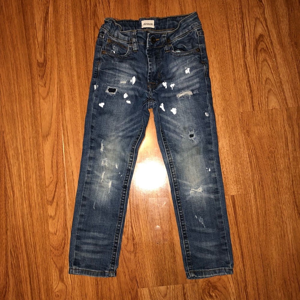Hudson skinny distressed paint platter jeans